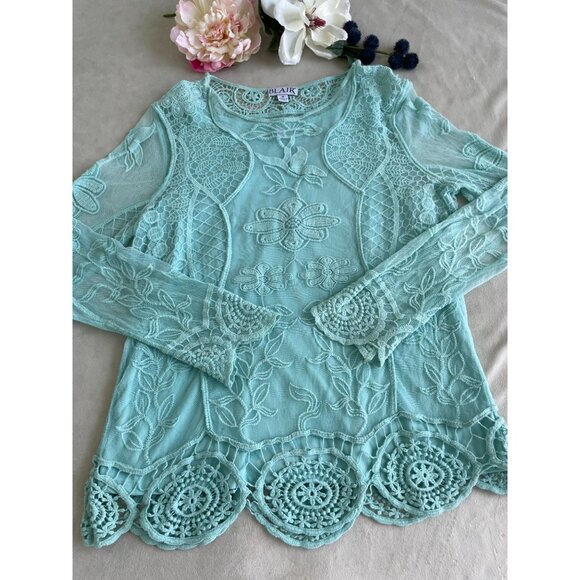 Blair Tops - Aqua Lace Embroidered Blair Top Crochet Hem Cottagecore Dainty Fairycore Size M